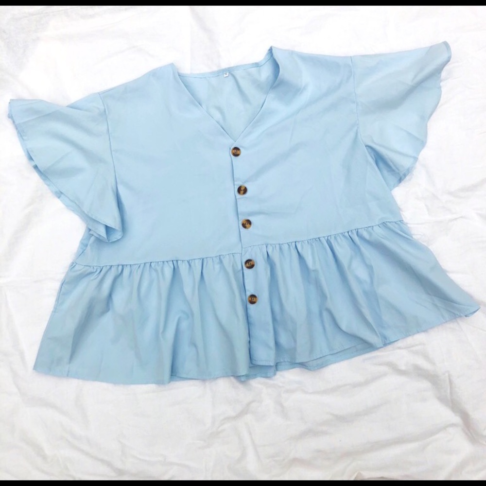Light Blue Button Up Flutter Sleeve Top 3X